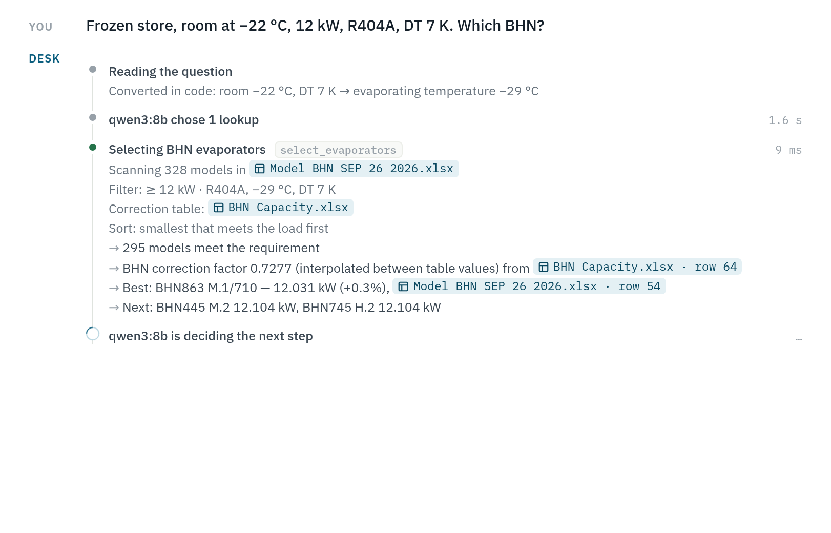 Live view: the assistant converts room temperature to evaporating temperature, scans 328 models in the BHN sheet, applies the correction factor from row 64 and picks the model from row 54